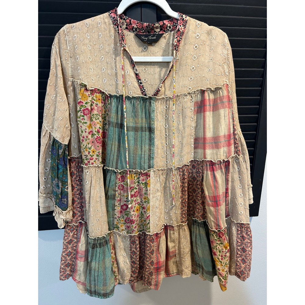 Young Threads Women Patchwork Tiered Eyelet Tunic Top Bell Sleeve Boho Floral S